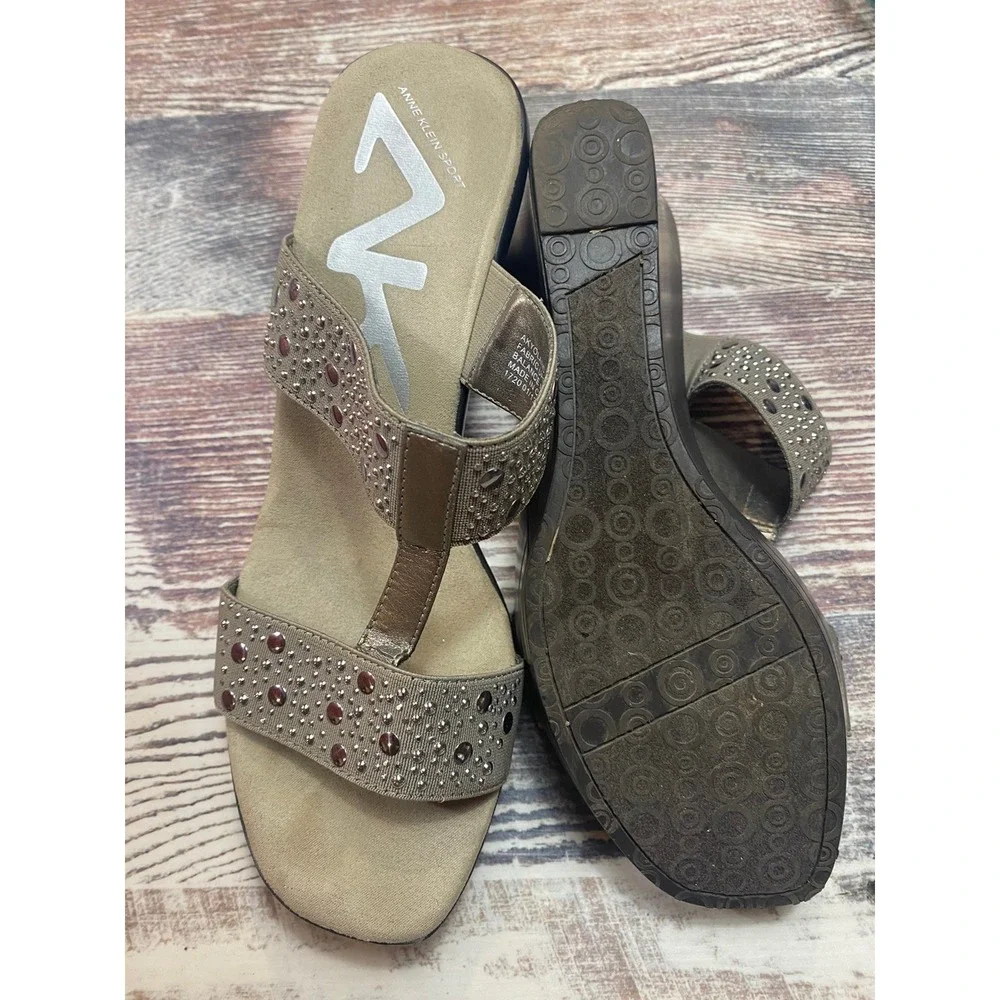 Anne Klein Sport Yolande Gray Silver Studded T-Strap Wedge Sandals Womens 9M